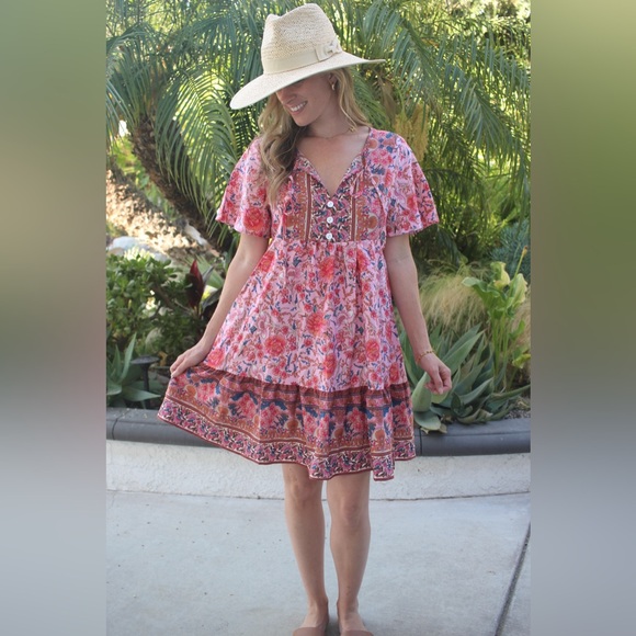 LAST 1 boho gypsy floral print short sleeve mini dress pink - Picture 3 of 5